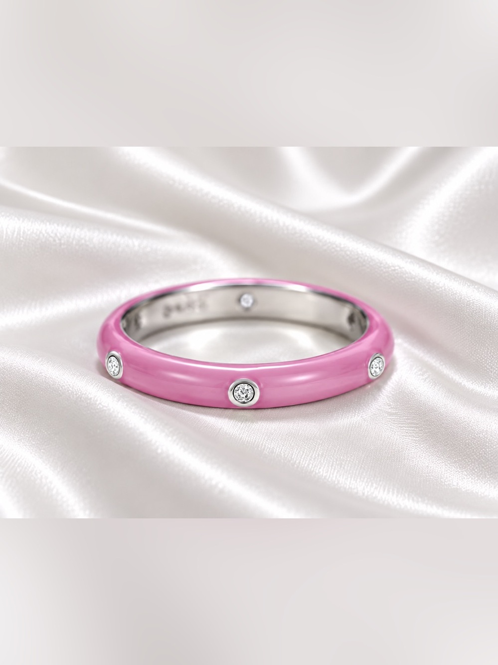 💝 Pink Enamel & Silver Tone CZ Band Ring | Unisex | New | 7